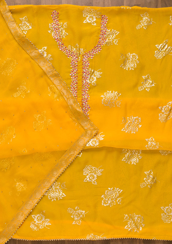 Yellow Gotapatti Organza Unstitched Salwar Kameez-Koskii