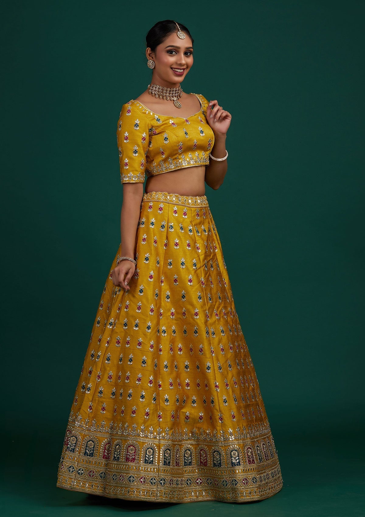 Yellow Gotapatti Raw Silk Designer Semi-Stitched Lehenga - Koskii
