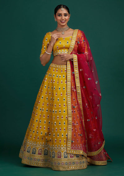 Yellow Gotapatti Raw Silk Designer Semi-Stitched Lehenga - Koskii