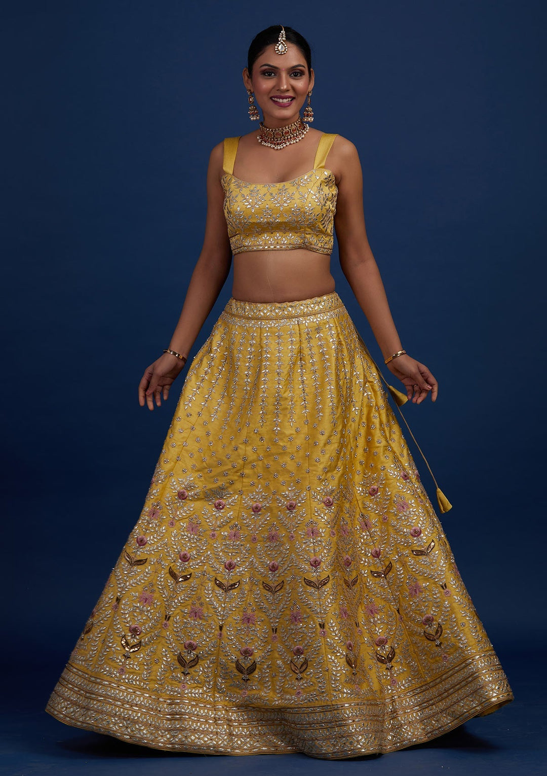 Yellow Gotapatti Raw Silk Designer Semi-Stitched Lehenga - Koskii