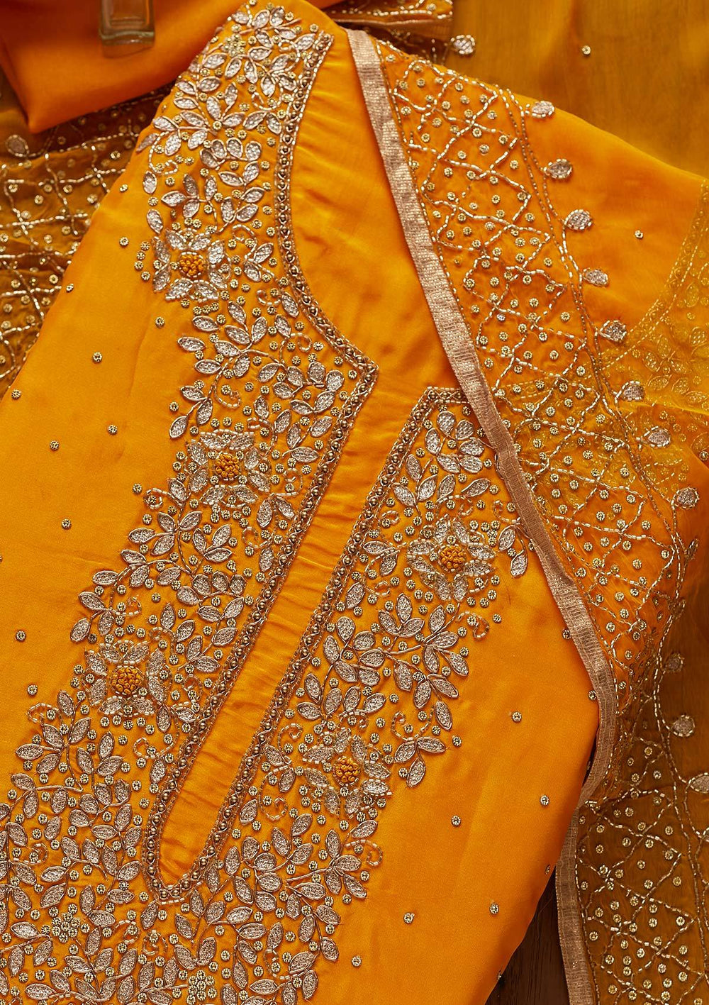 Yellow Gotapatti Semi Crepe Designer Unstitched Salwar Suit - koskii