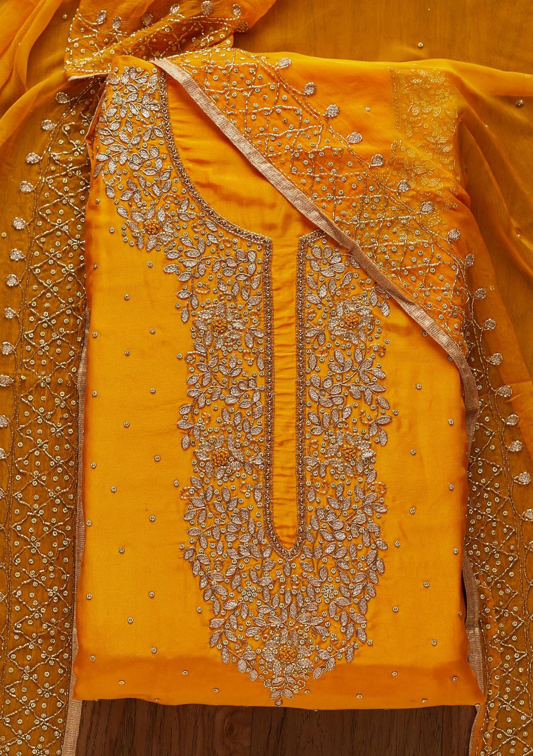 Yellow Gotapatti Semi Crepe Designer Unstitched Salwar Suit - koskii