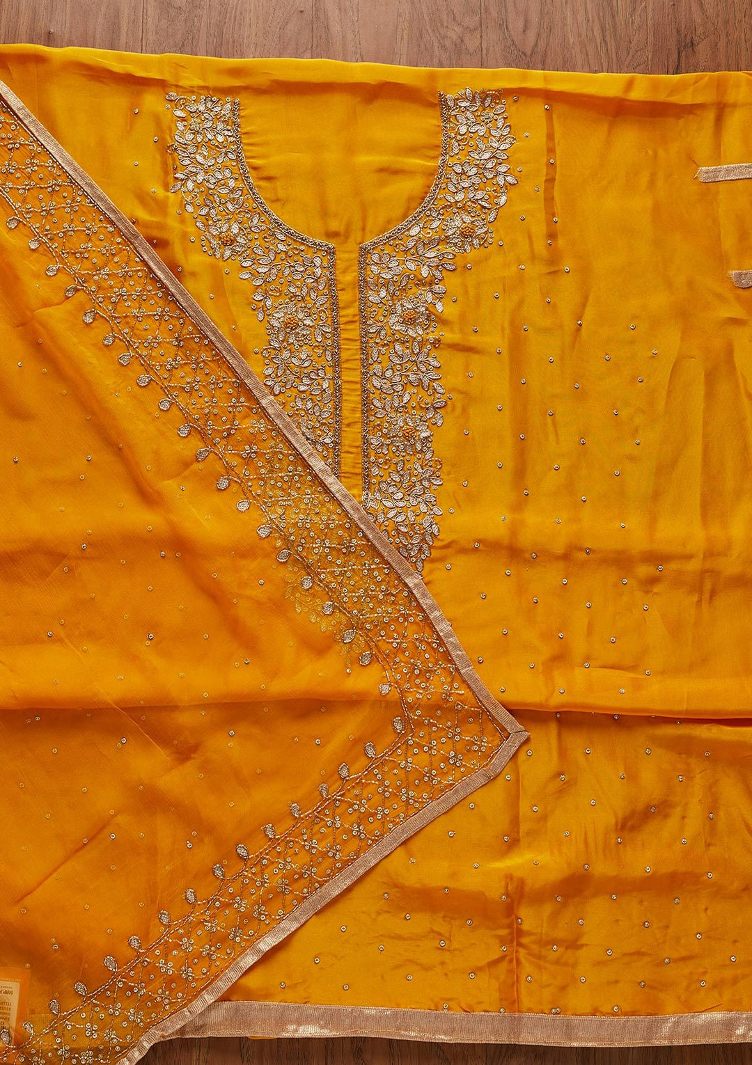 Yellow Gotapatti Semi Crepe Designer Unstitched Salwar Suit - koskii