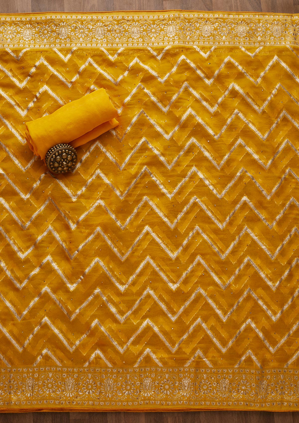 Yellow Gotapatti Semi Crepe Unstitched Salwar Suit-Koskii