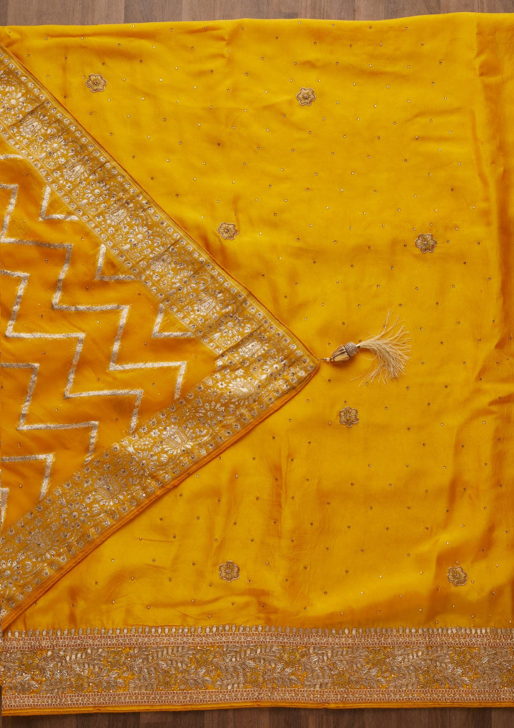 Yellow Gotapatti Semi Crepe Unstitched Salwar Suit-Koskii