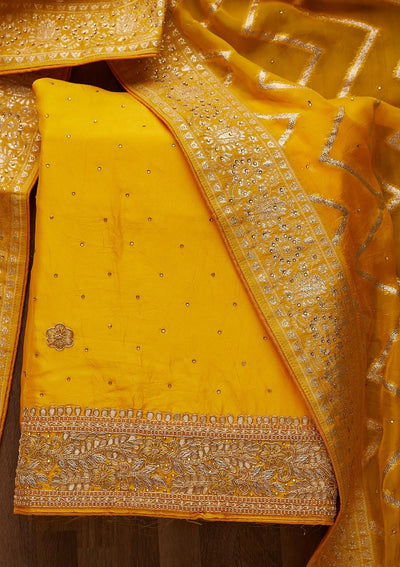 Yellow Gotapatti Semi Crepe Unstitched Salwar Suit-Koskii