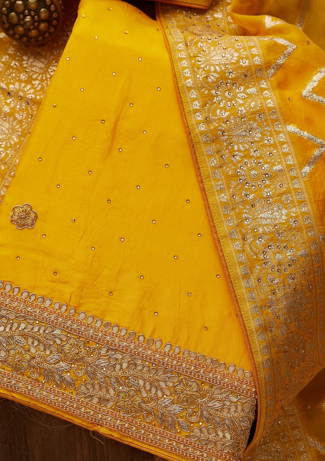 Yellow Gotapatti Semi Crepe Unstitched Salwar Suit-Koskii