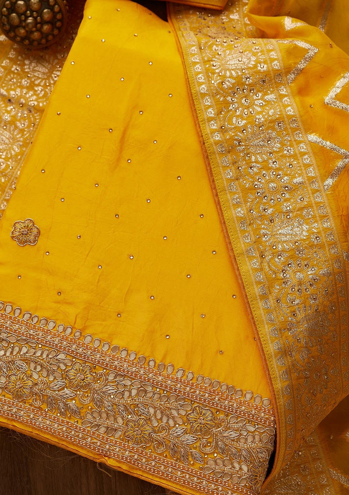 Yellow Gotapatti Semi Crepe Unstitched Salwar Suit-Koskii