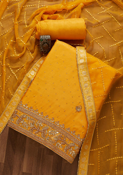 Yellow Gotapatti Semi Crepe Unstitched Salwar Suit-Koskii