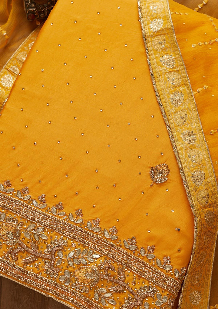 Yellow Gotapatti Semi Crepe Unstitched Salwar Suit-Koskii