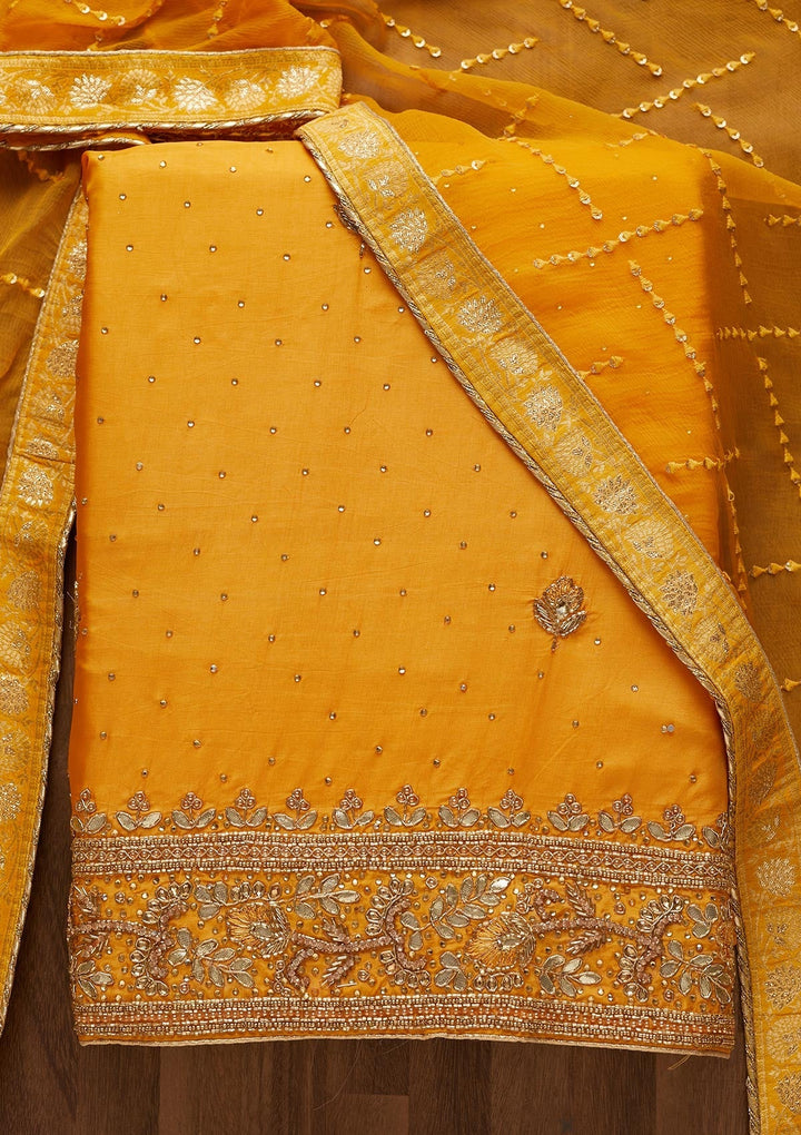 Yellow Gotapatti Semi Crepe Unstitched Salwar Suit-Koskii