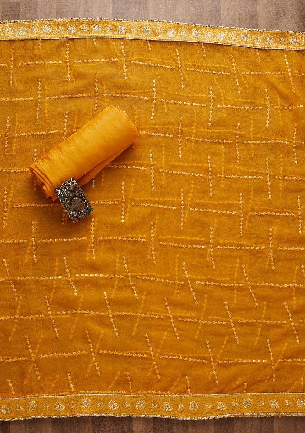 Yellow Gotapatti Semi Crepe Unstitched Salwar Suit-Koskii