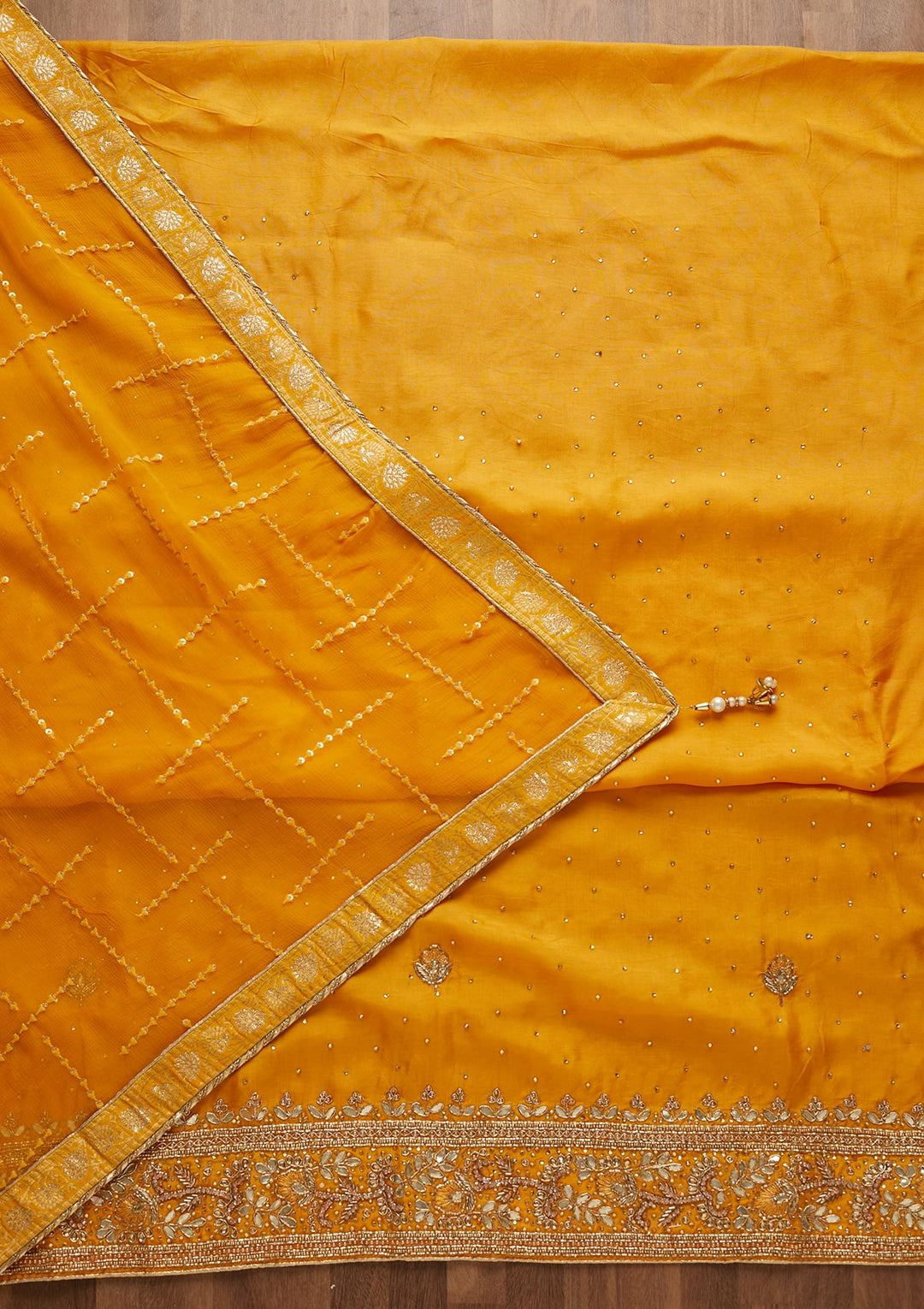 Yellow Gotapatti Semi Crepe Unstitched Salwar Suit-Koskii