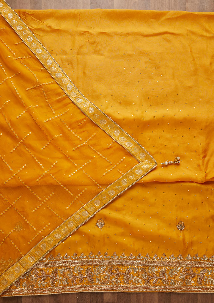 Yellow Gotapatti Semi Crepe Unstitched Salwar Suit-Koskii