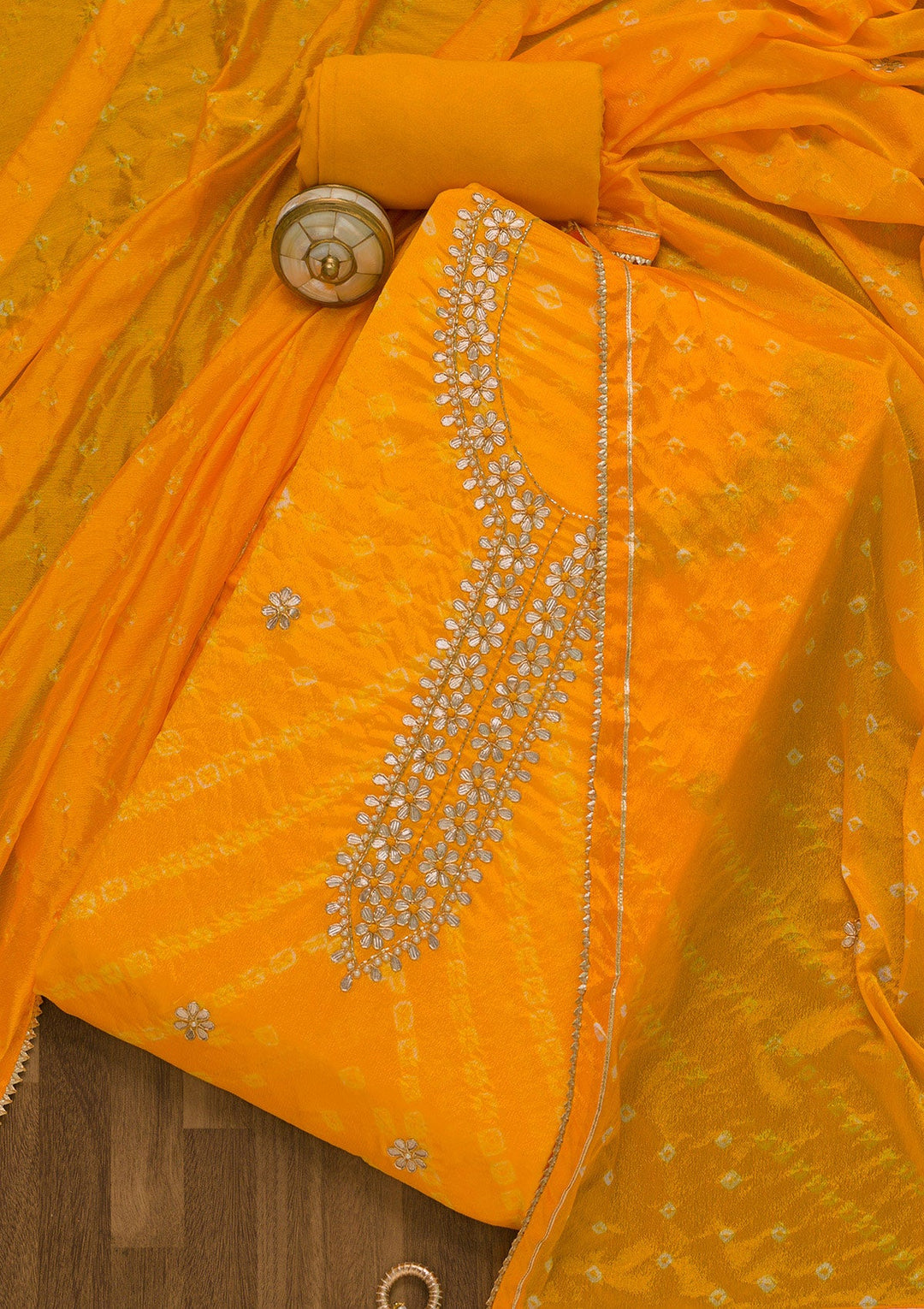 Yellow Gotapatti Semi Crepe Unstitched Salwar Suit-Koskii