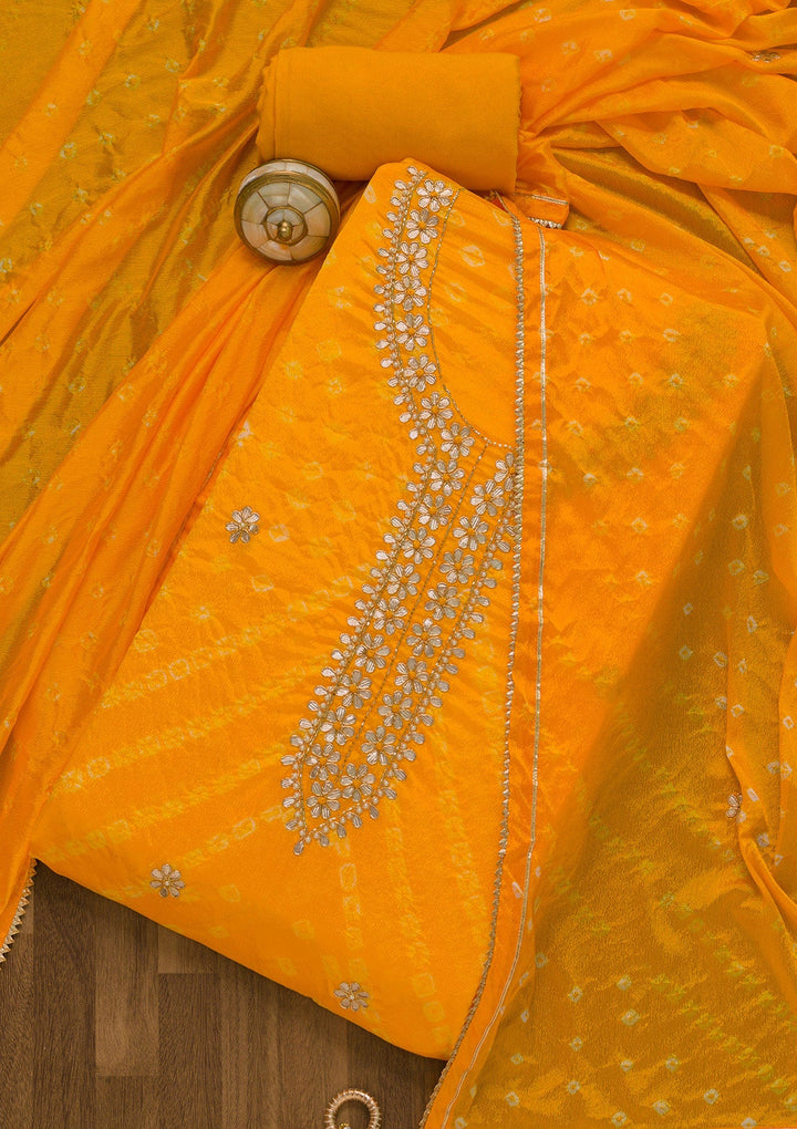 Yellow Gotapatti Semi Crepe Unstitched Salwar Suit-Koskii