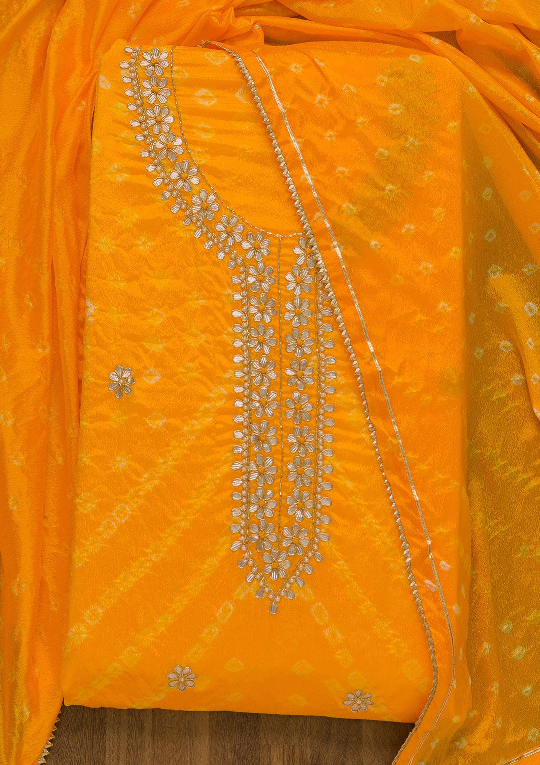 Yellow Gotapatti Semi Crepe Unstitched Salwar Suit-Koskii