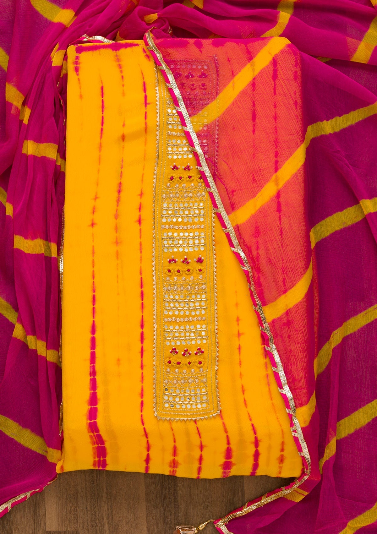 Yellow Gotapatti Soft Silk Unstitched Salwar Kameez-Koskii