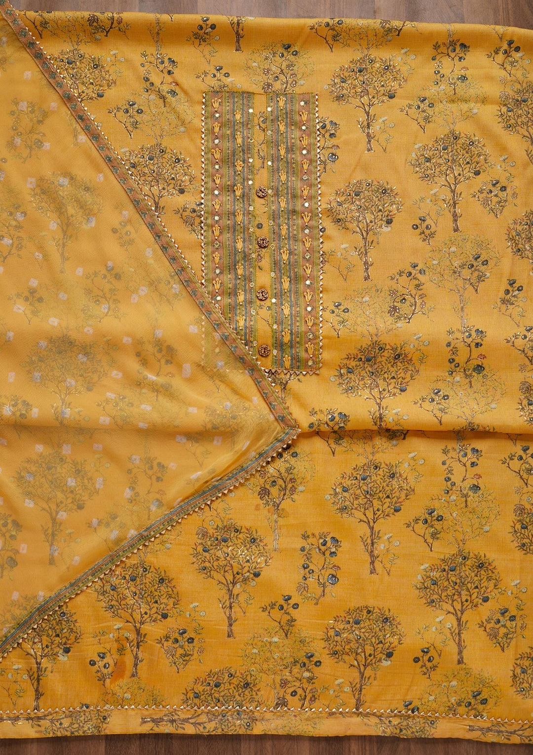 Yellow Mirrorwork Cotton Unstitched Salwar Suit - Koskii