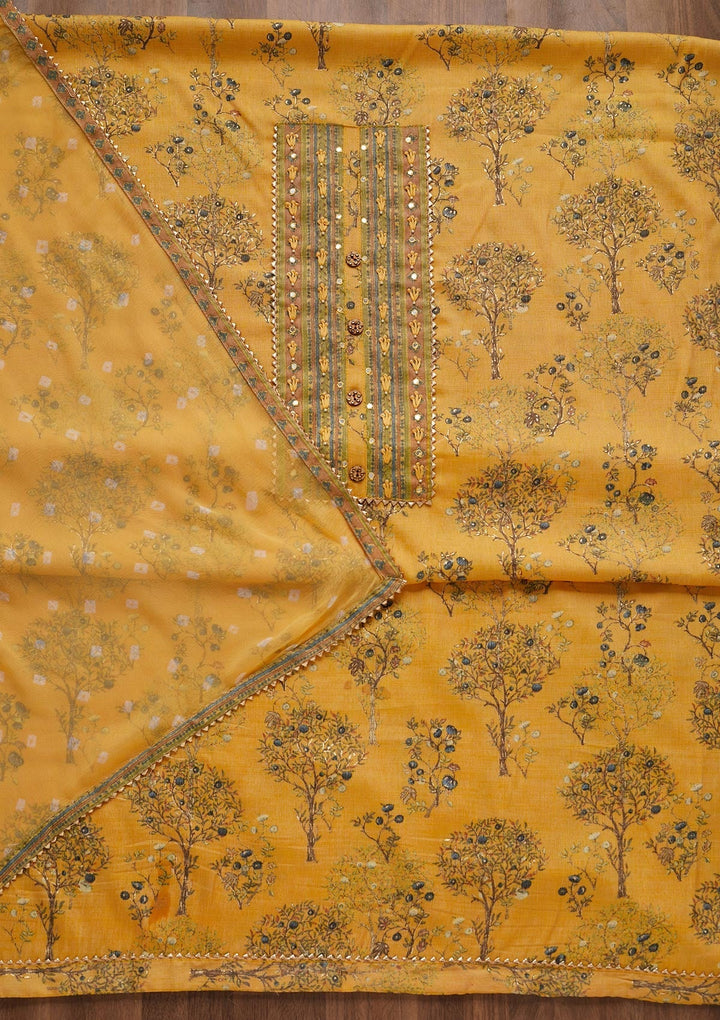 Yellow Mirrorwork Cotton Unstitched Salwar Suit - Koskii