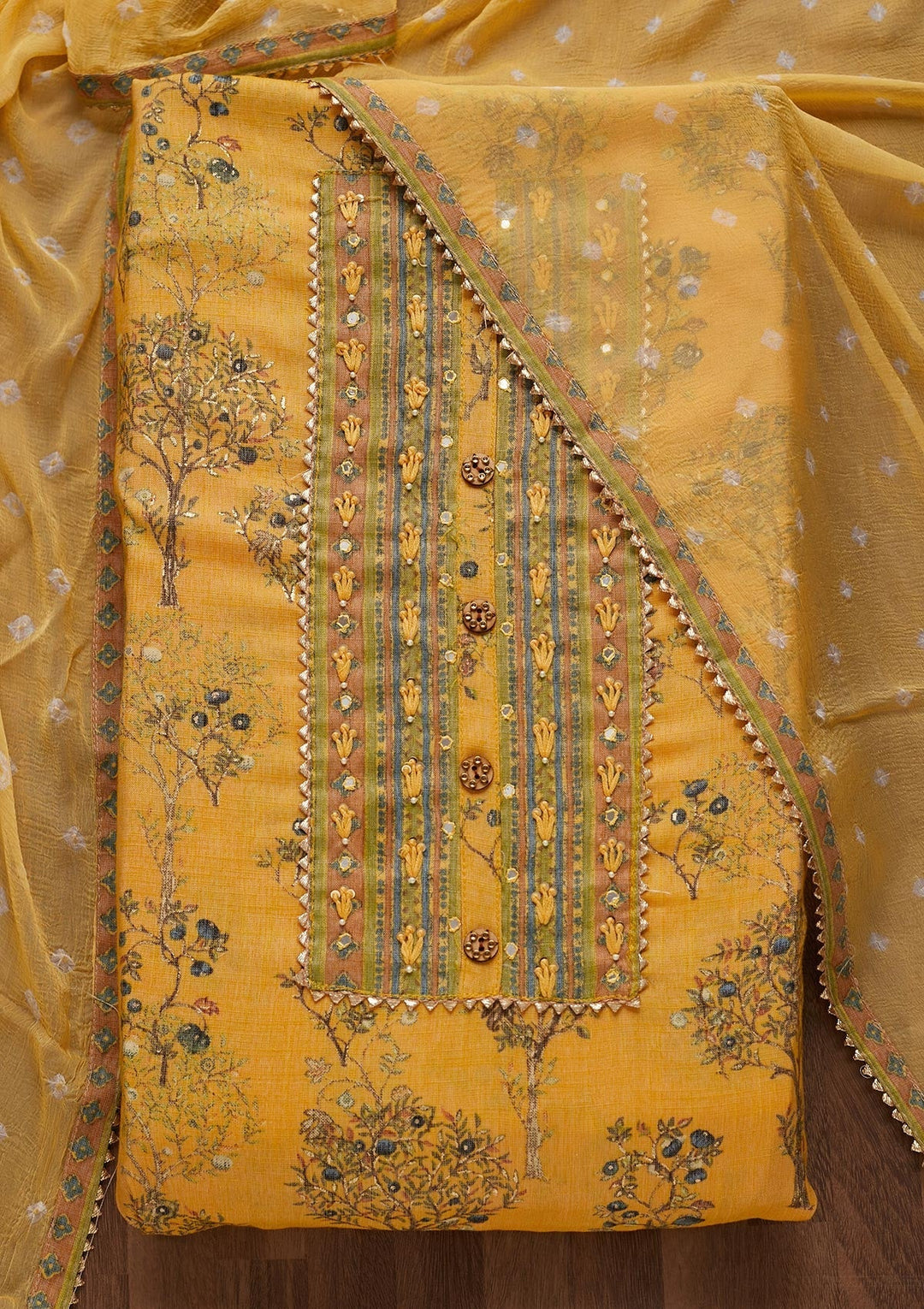 Yellow Mirrorwork Cotton Unstitched Salwar Suit - Koskii