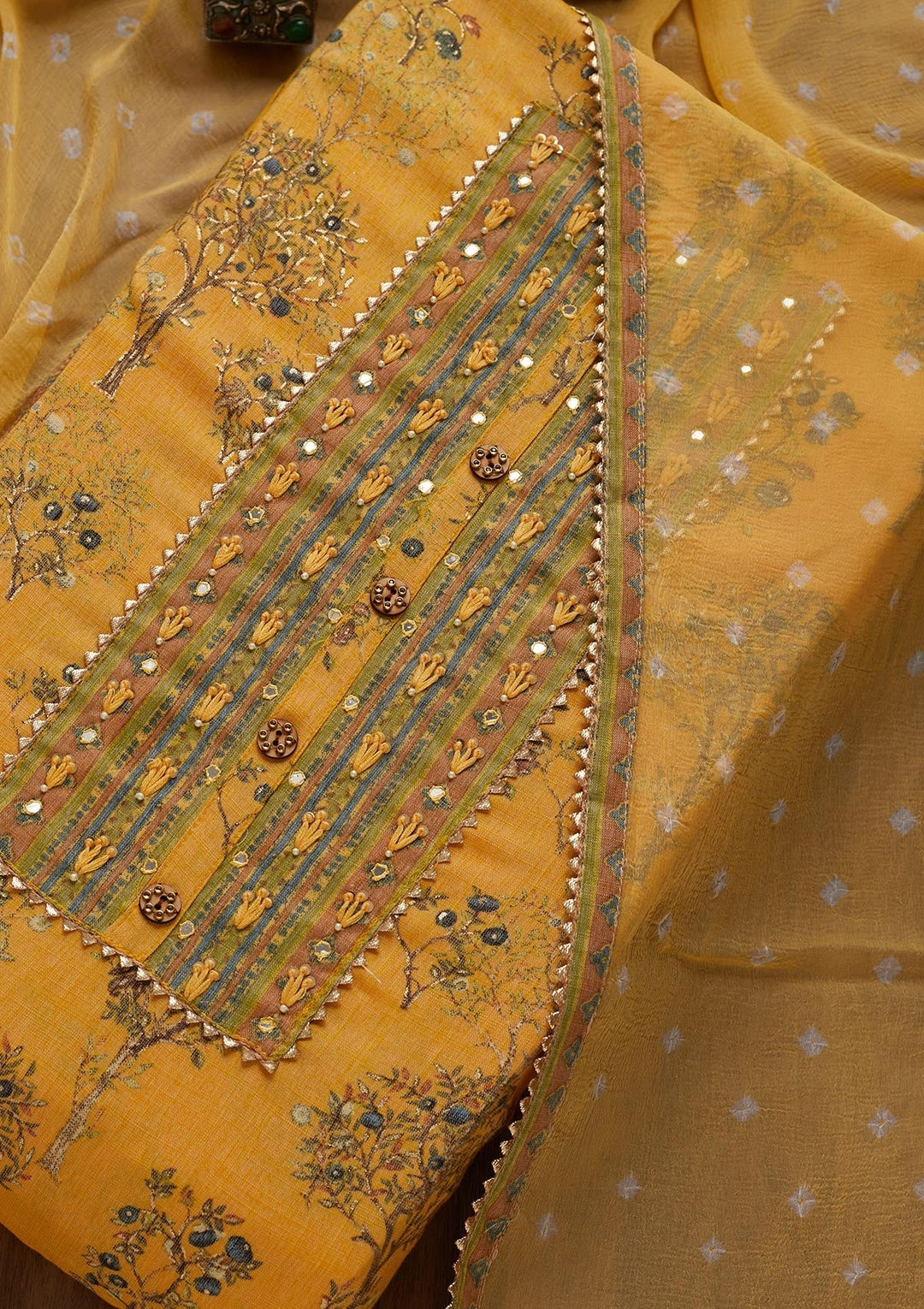 Yellow Mirrorwork Cotton Unstitched Salwar Suit - Koskii