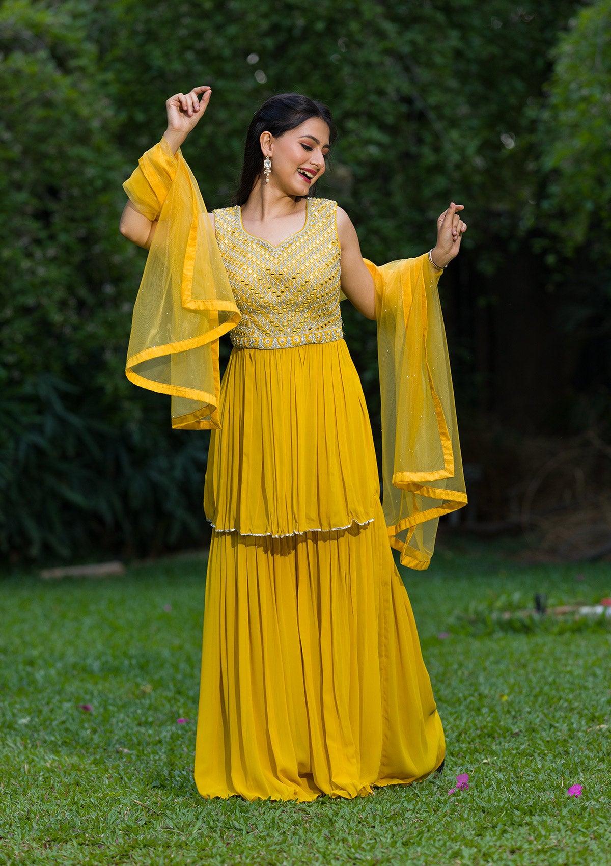 Yellow Mirrorwork Georgette Readymade Salwar Kameez-Koskii