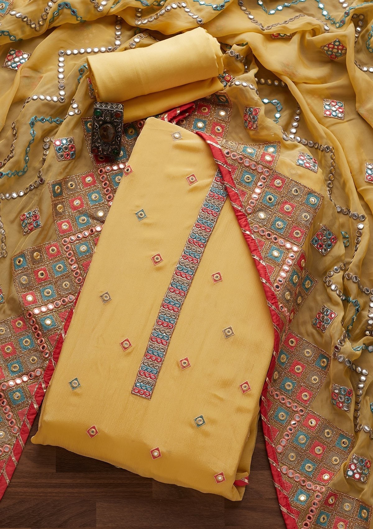 Yellow Mirrorwork Georgette Designer Unstitched Salwar Suit - Koskii