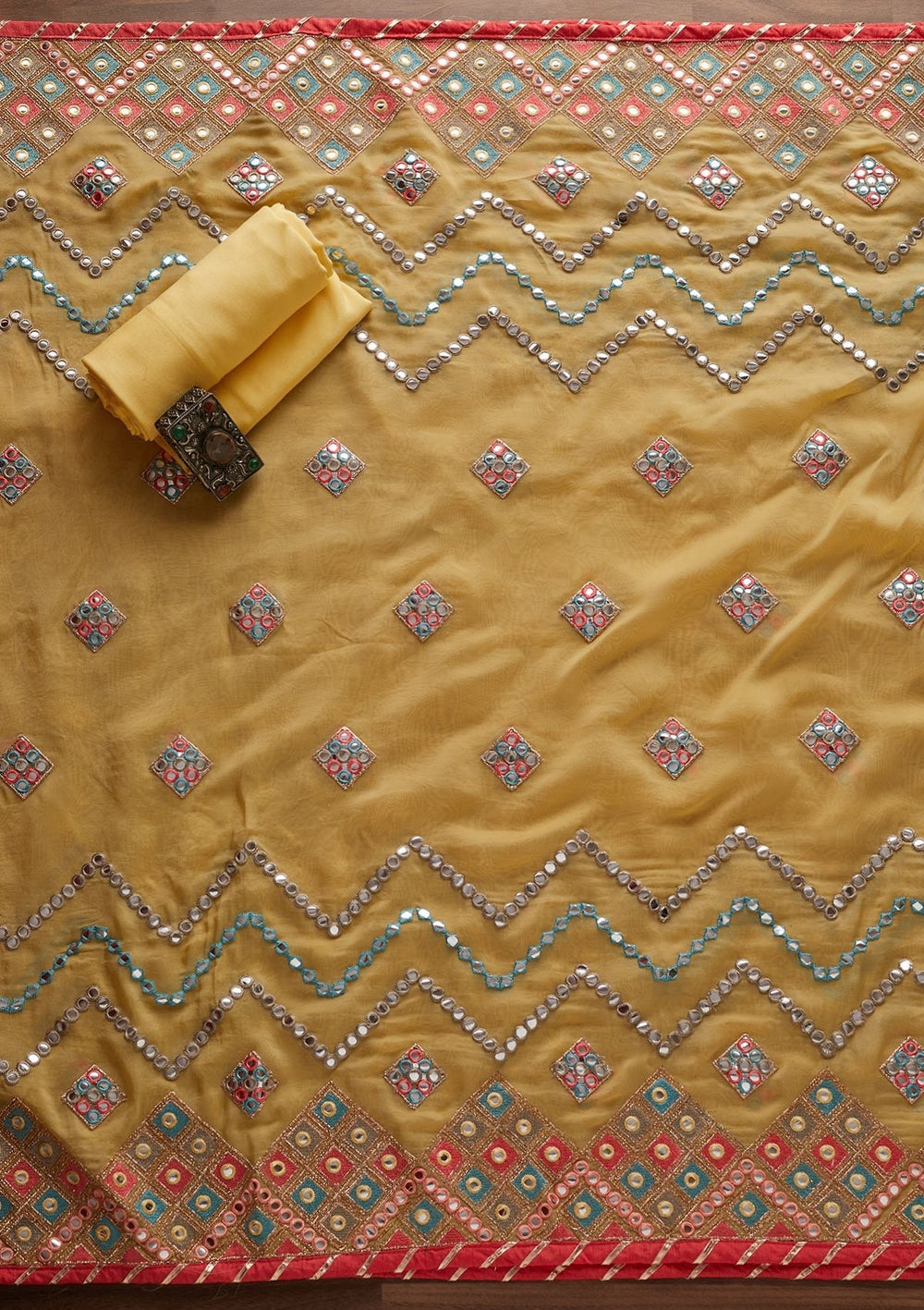 Yellow Mirrorwork Georgette Designer Unstitched Salwar Suit - Koskii