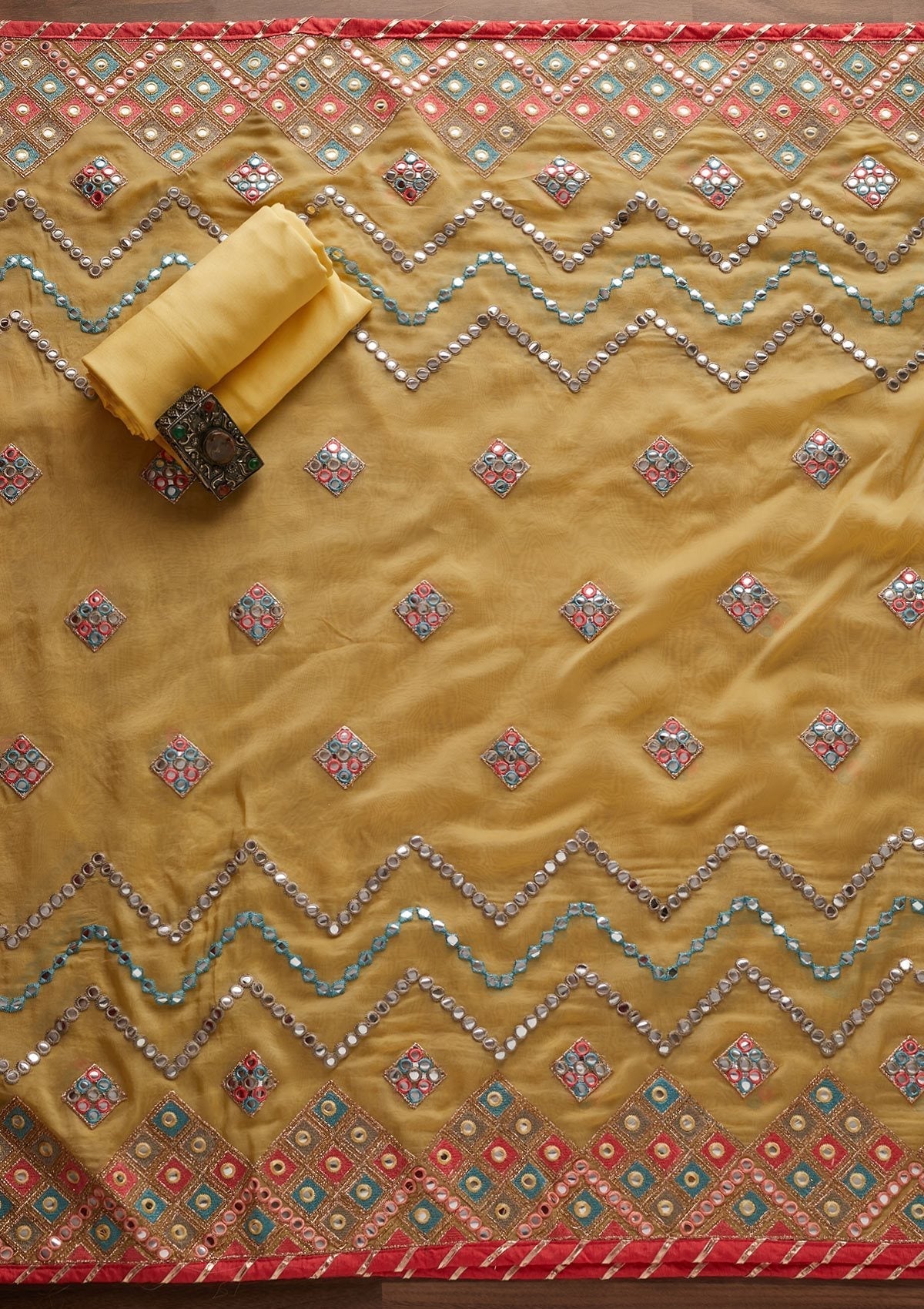 Yellow Mirrorwork Georgette Designer Unstitched Salwar Suit - Koskii