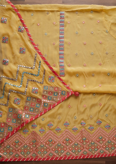 Yellow Mirrorwork Georgette Designer Unstitched Salwar Suit - Koskii