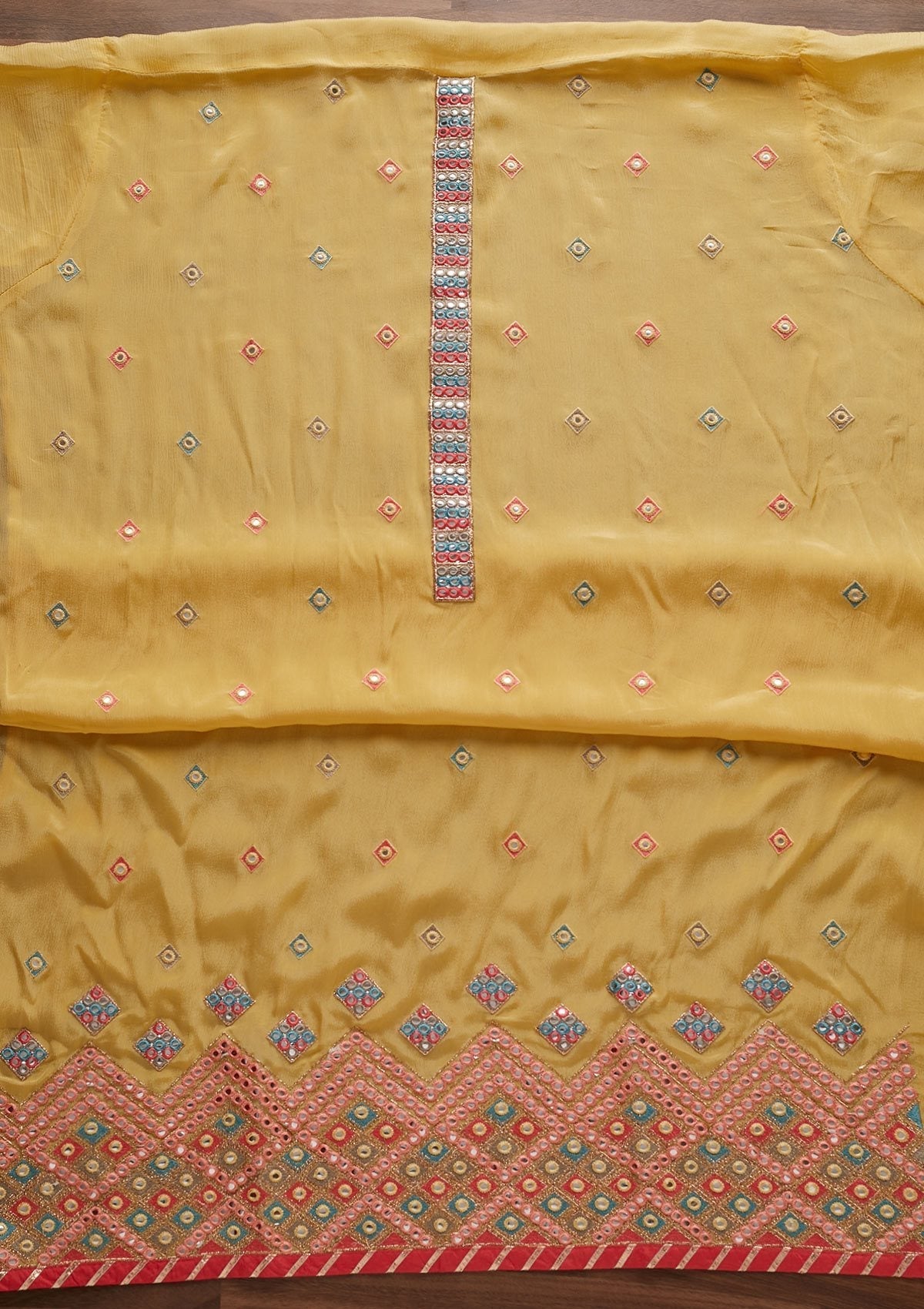 Yellow Mirrorwork Georgette Designer Unstitched Salwar Suit - Koskii