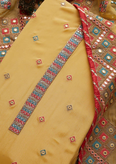 Yellow Mirrorwork Georgette Designer Unstitched Salwar Suit - Koskii