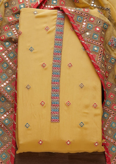 Yellow Mirrorwork Georgette Designer Unstitched Salwar Suit - Koskii