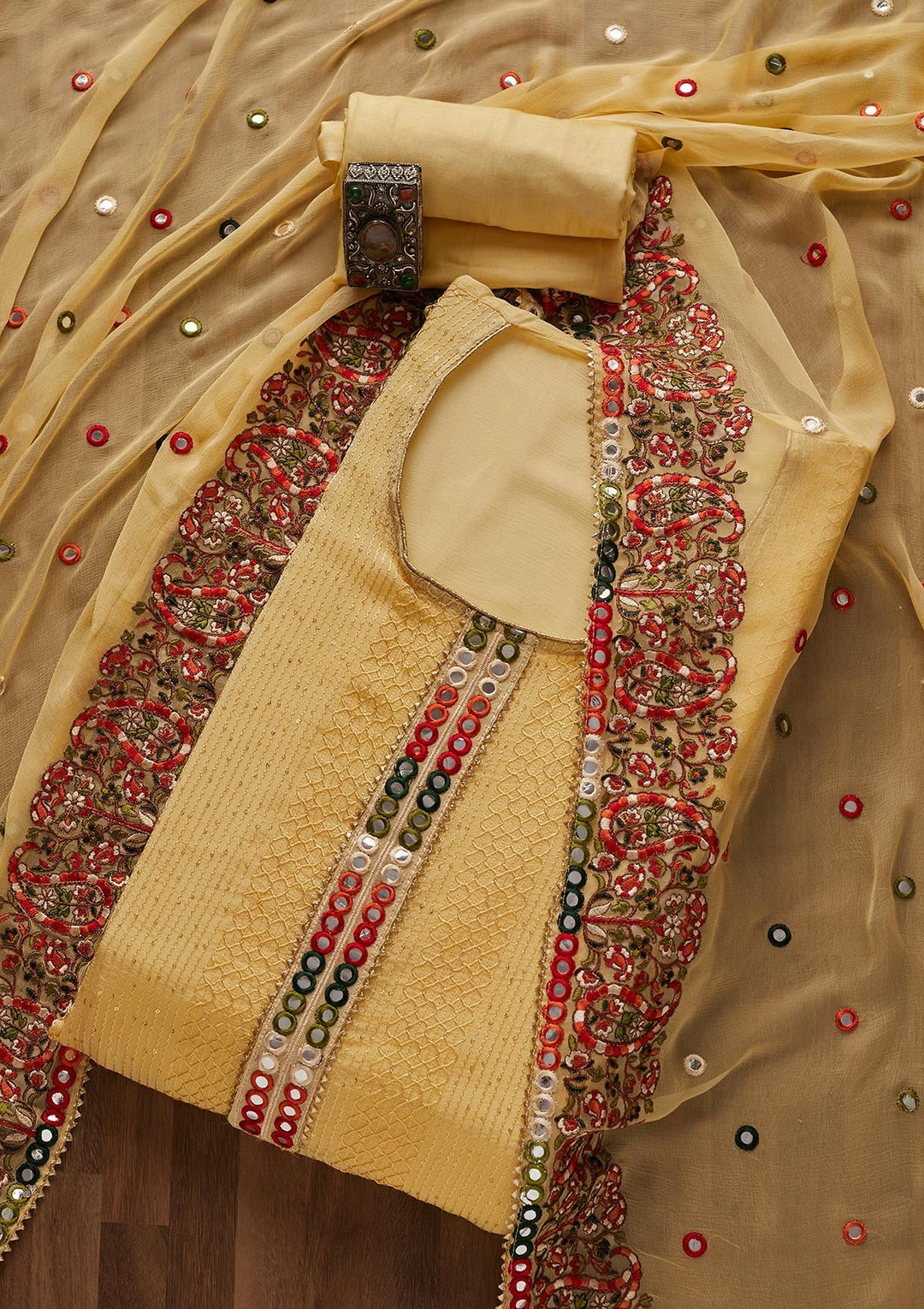Yellow Mirrorwork Georgette Designer Unstitched Salwar Suit - Koskii