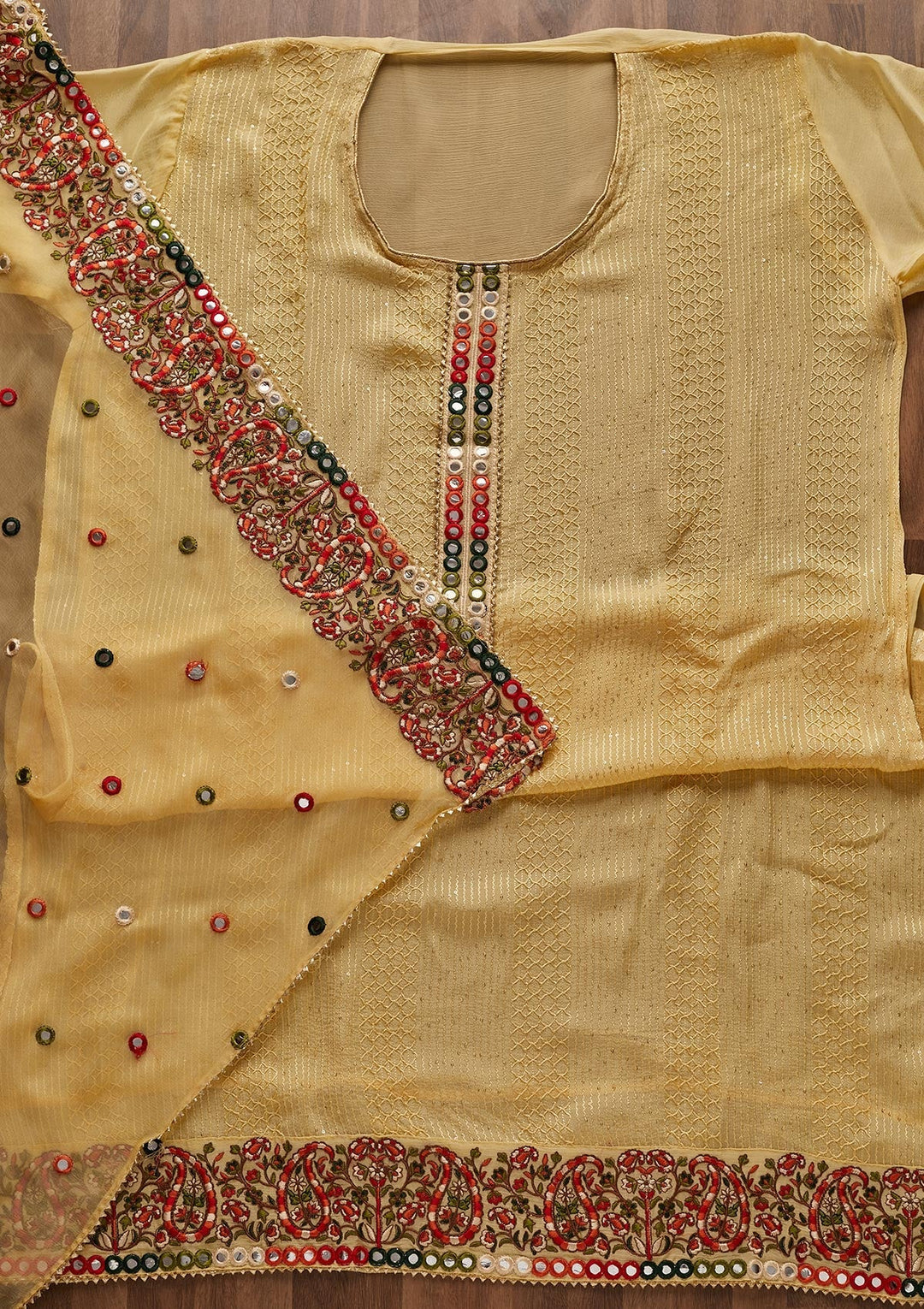 Yellow Mirrorwork Georgette Designer Unstitched Salwar Suit - Koskii