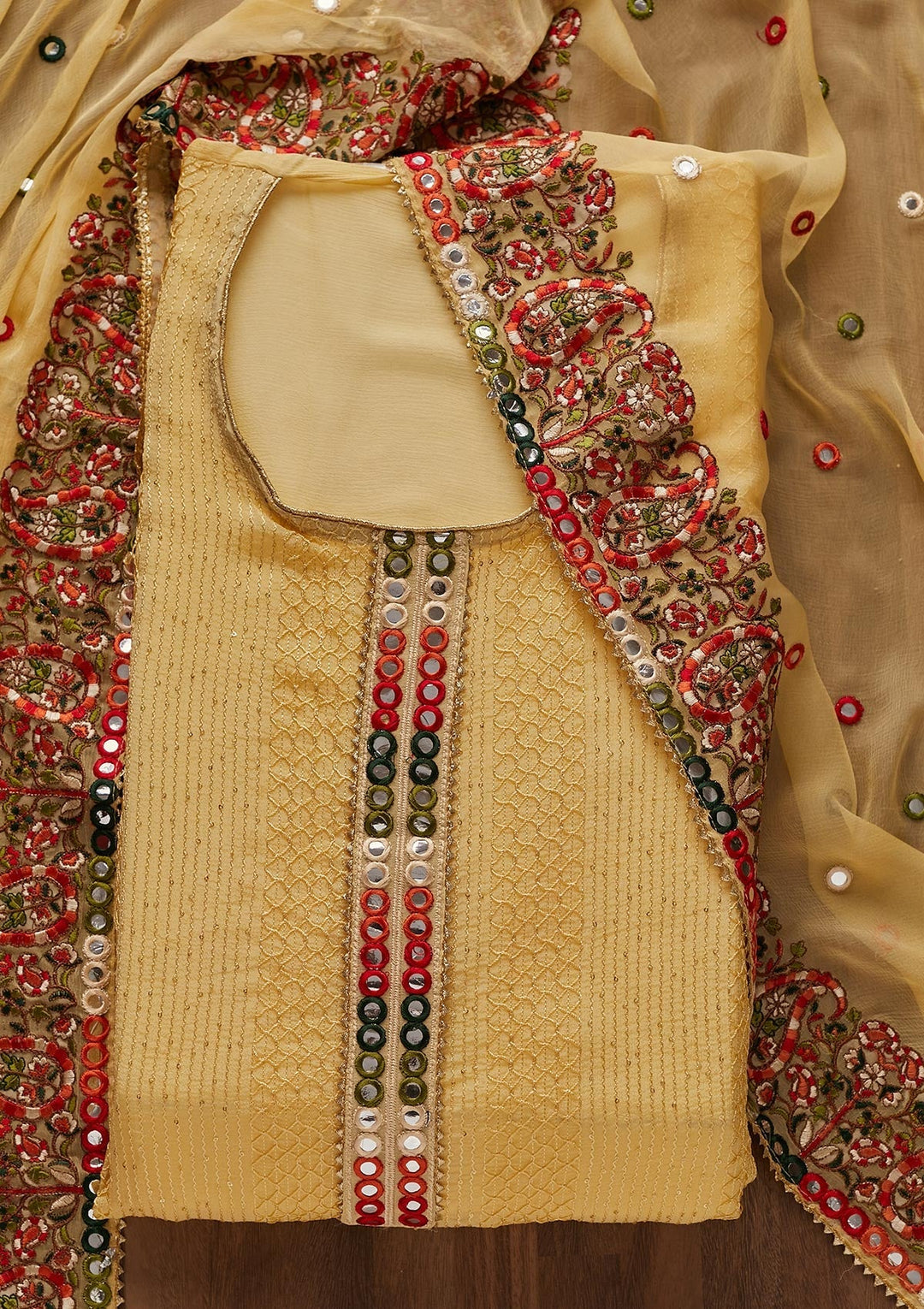 Yellow Mirrorwork Georgette Designer Unstitched Salwar Suit - Koskii