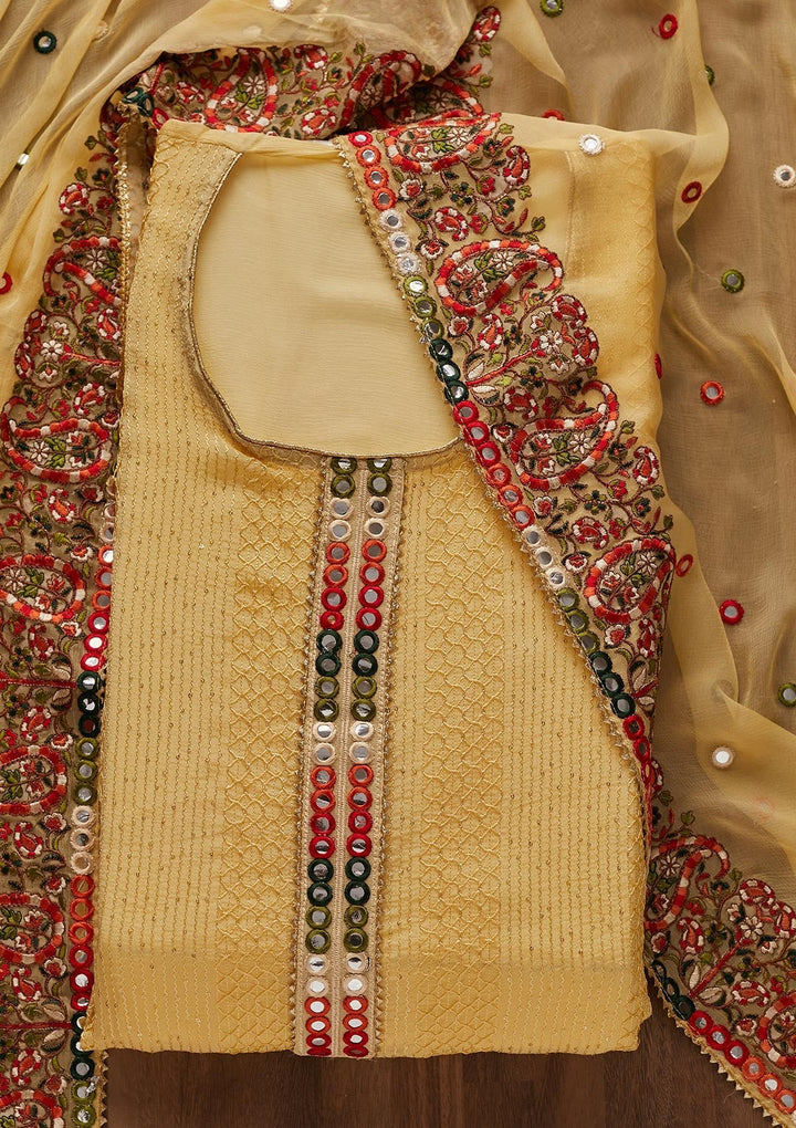 Yellow Mirrorwork Georgette Designer Unstitched Salwar Suit - Koskii