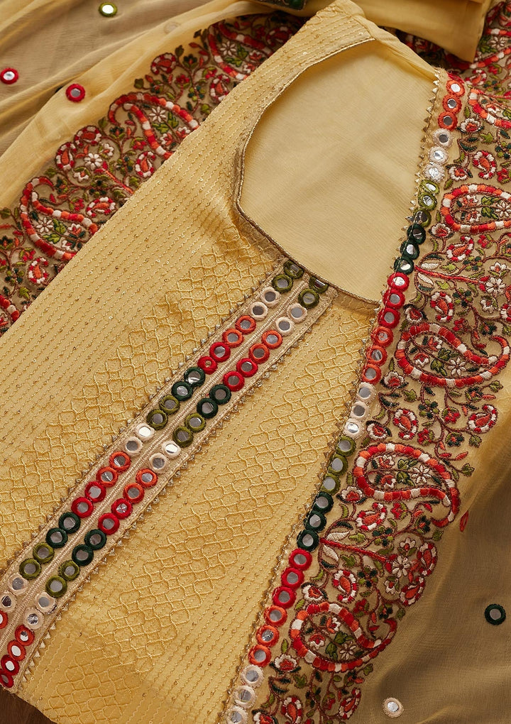 Yellow Mirrorwork Georgette Designer Unstitched Salwar Suit - Koskii