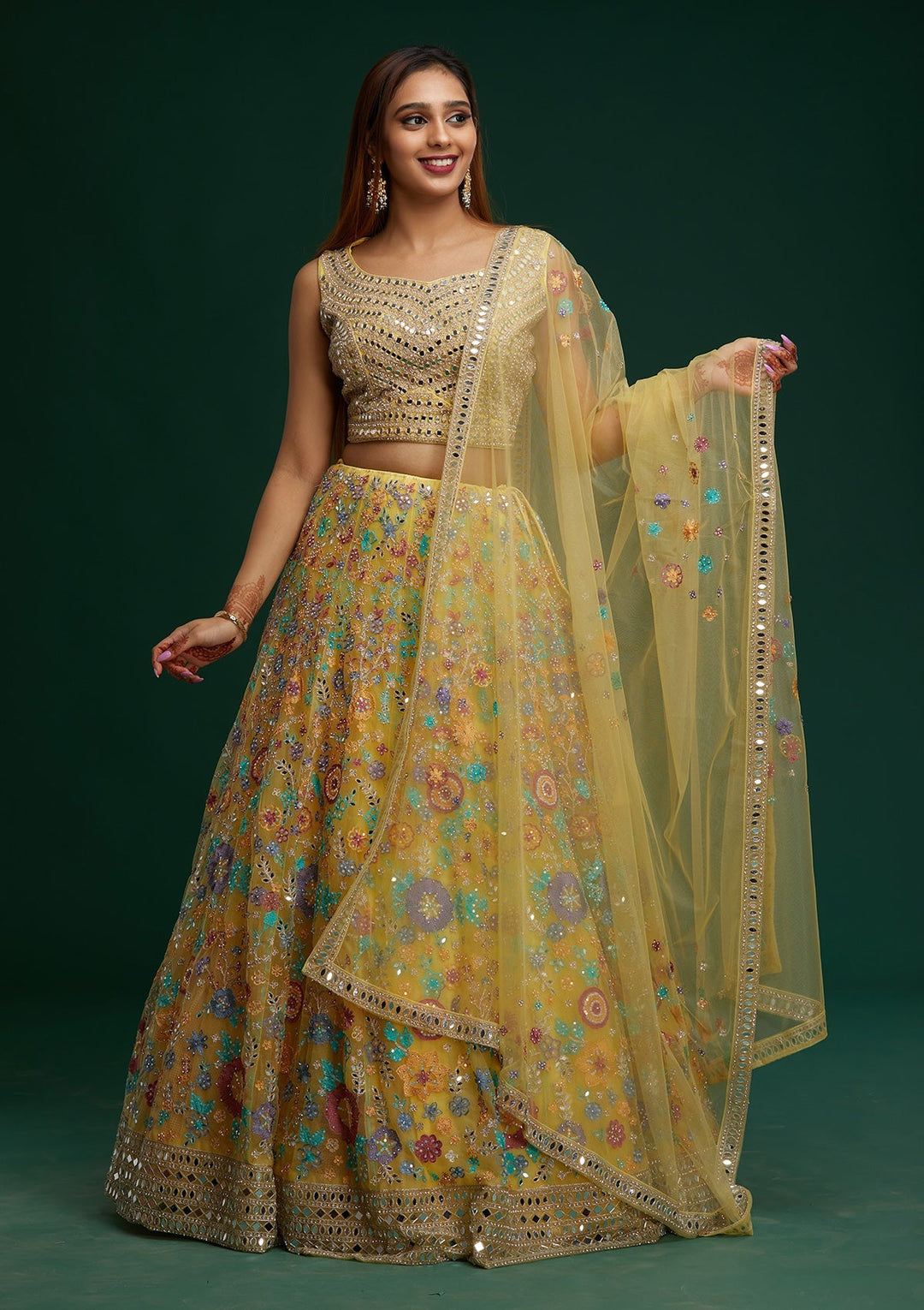Yellow Mirrorwork Net Designer Lehenga- Koskii