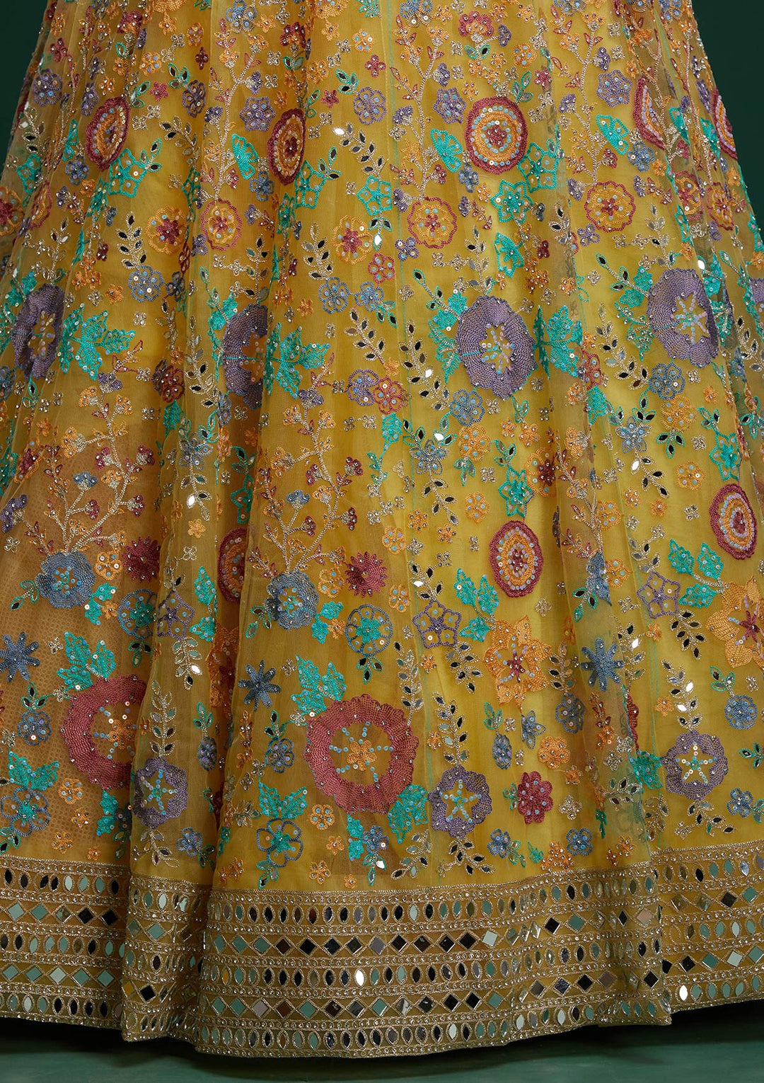 Yellow Mirrorwork Net Designer Lehenga - Koskii
