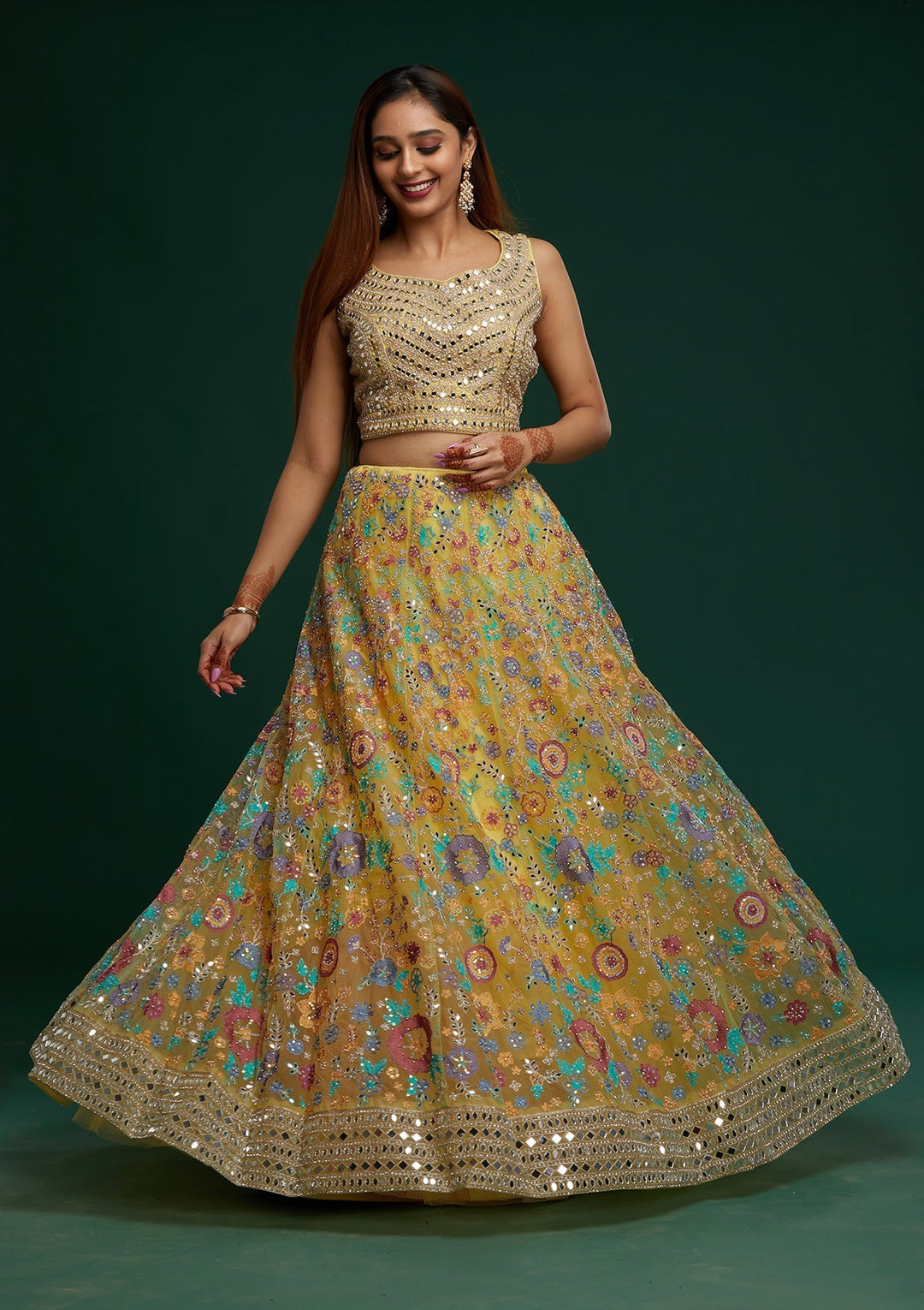 Yellow Mirrorwork Net Designer Lehenga - Koskii