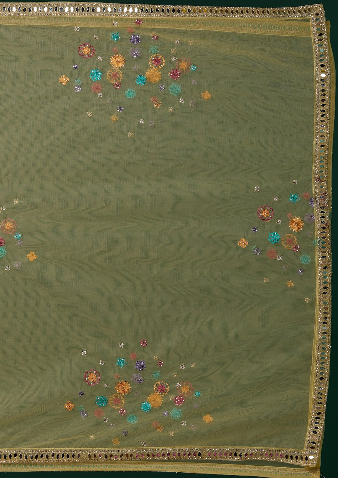 Yellow Mirrorwork Net Designer Lehenga - Koskii