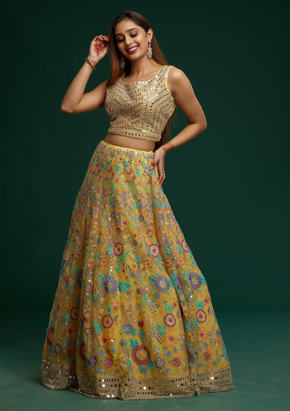 Yellow Mirrorwork Net Designer Lehenga - Koskii