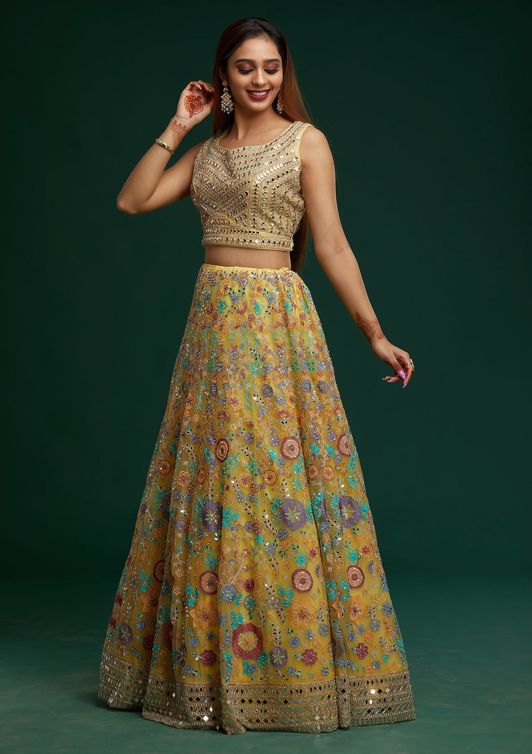 Yellow Mirrorwork Net Designer Lehenga - Koskii