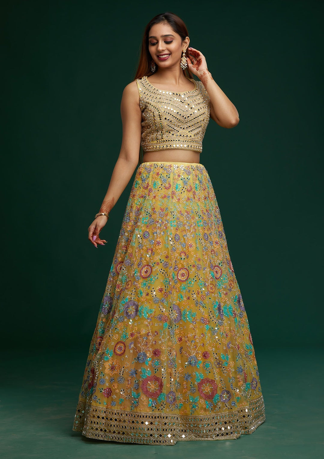 Yellow Mirrorwork Net Designer Lehenga - Koskii
