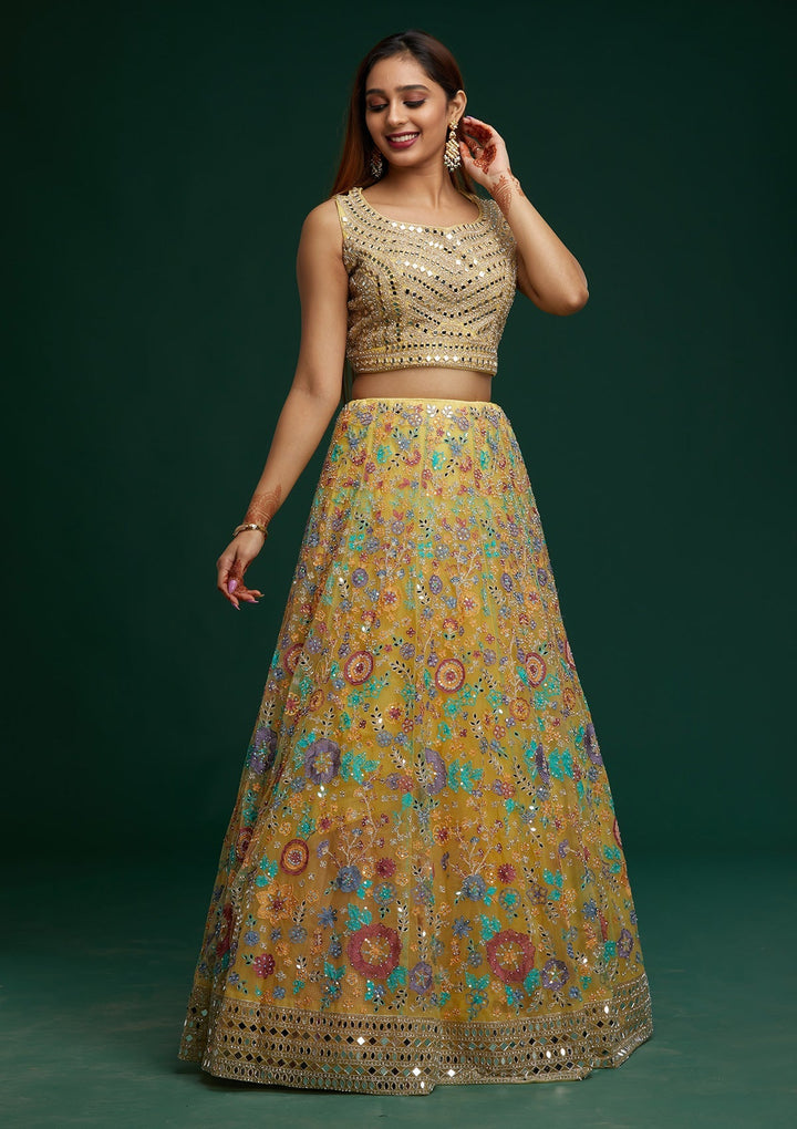 Yellow Mirrorwork Net Designer Lehenga - Koskii