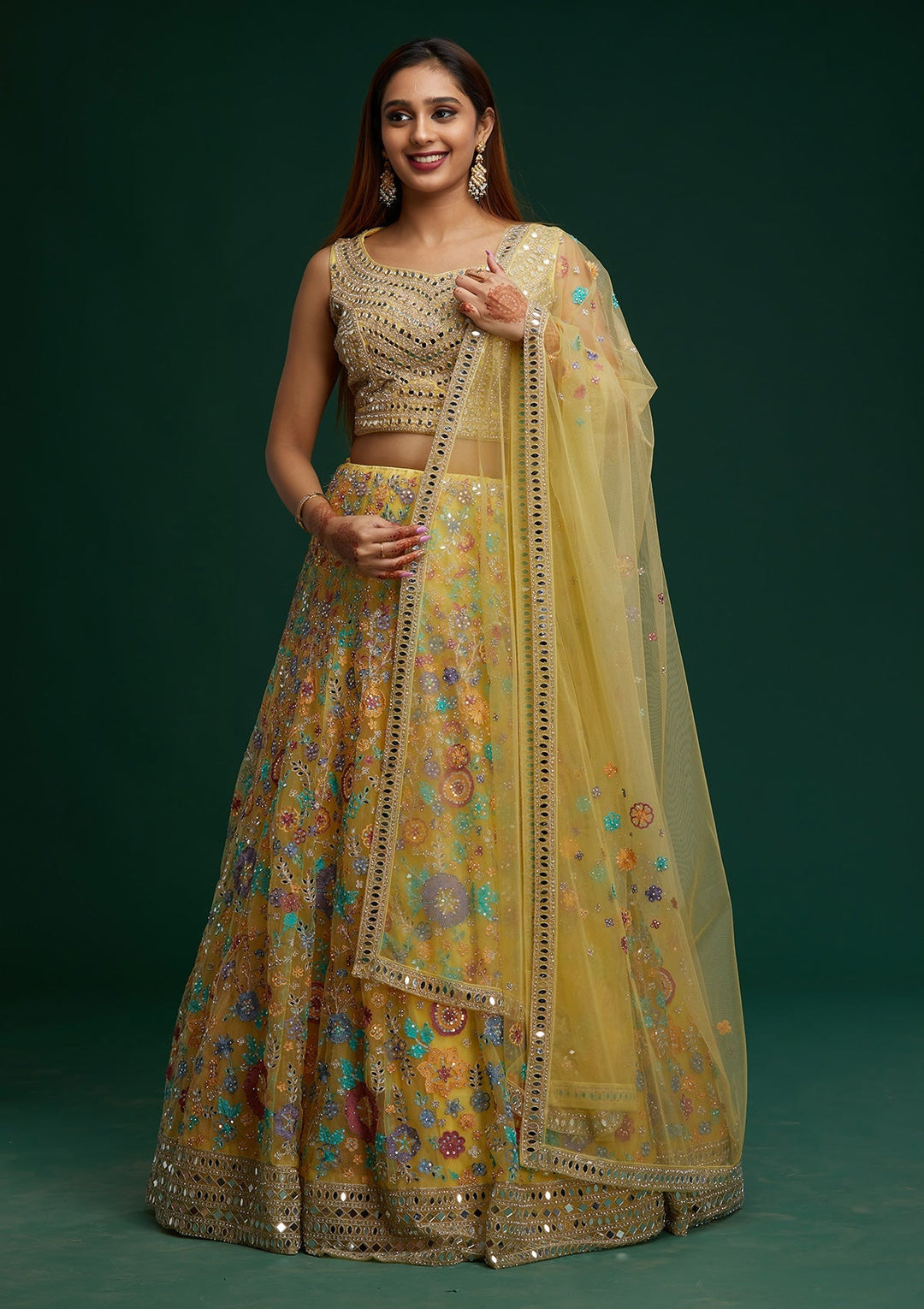 Yellow Mirrorwork Net Designer Lehenga - Koskii