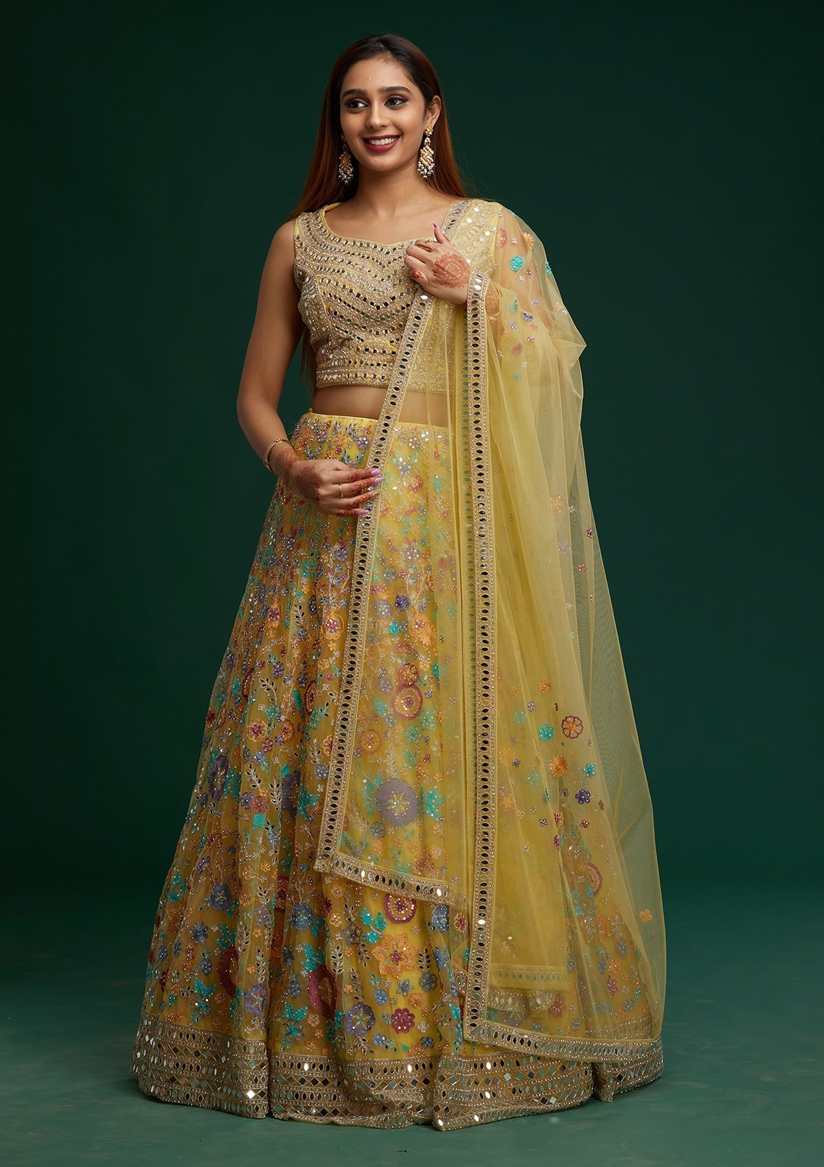 Yellow Mirrorwork Net Designer Lehenga - Koskii