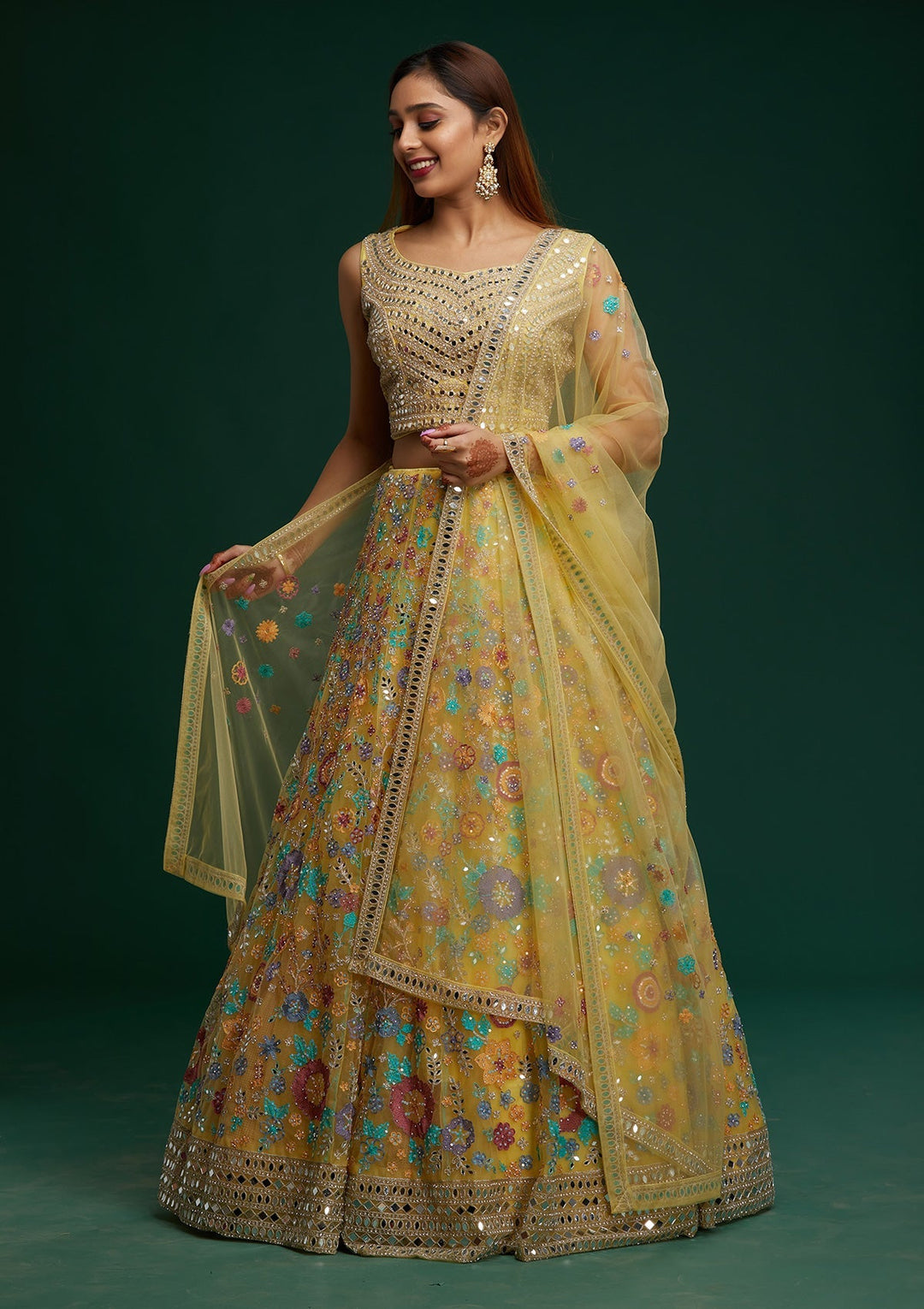 Yellow Mirrorwork Net Designer Lehenga - Koskii